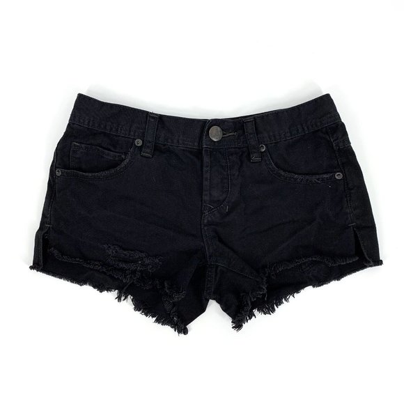 Free People Denim Shorts Sharkbite Black Button Fly Fray Hem Distress - Picture 4 of 10